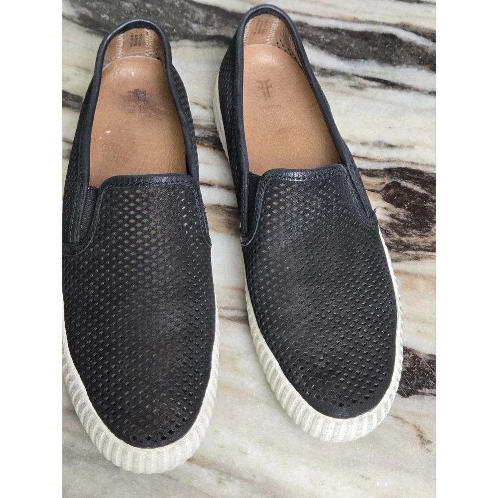 FRYE Camille Black Suede Perforated Slip‎ On Shoes Size 7.5 Preppy Minimalist